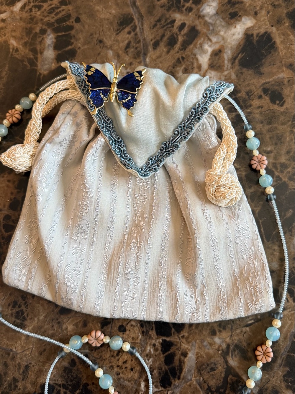 Vintage Butterfly Accent Ivory Drawstring Evening Bag